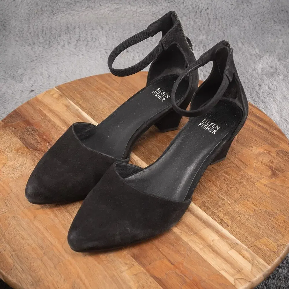 Eileen Fisher Ingle Nubuck Zip‎ Ballerina Pumps Sandals Black Size 8